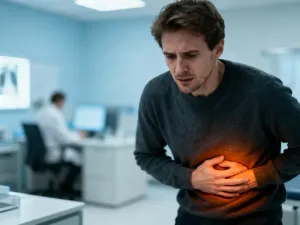 Kobieta dotykająca szyi w profesjonalnym gabinecie lekarskim, co ilustruje diagnostykę guzków tarczycy.
