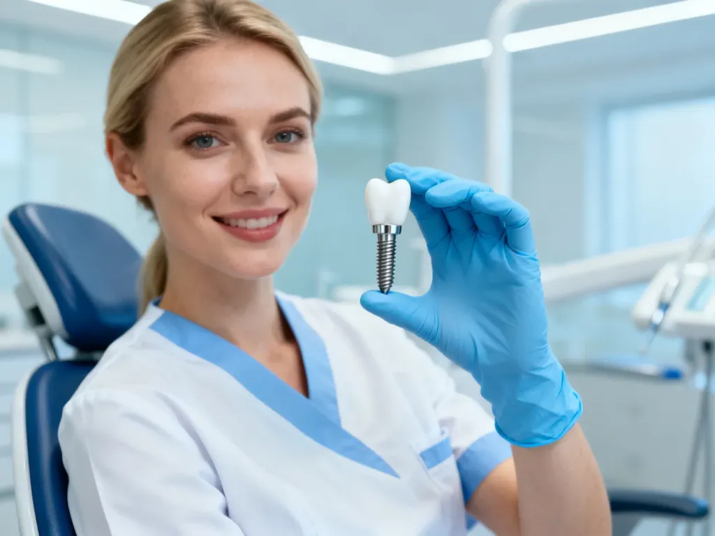 Stomatolog prezentuje model implantu zębowego w nowoczesnym gabinecie, ilustrując przebieg zabiegu implantacji.