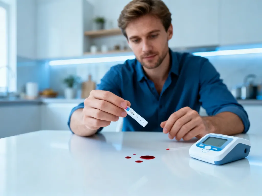 Mężczyzna wykonuje w domowej kuchni test diagnostyczny na poziom kwasu moczowego przy użyciu paska testowego i krwi.