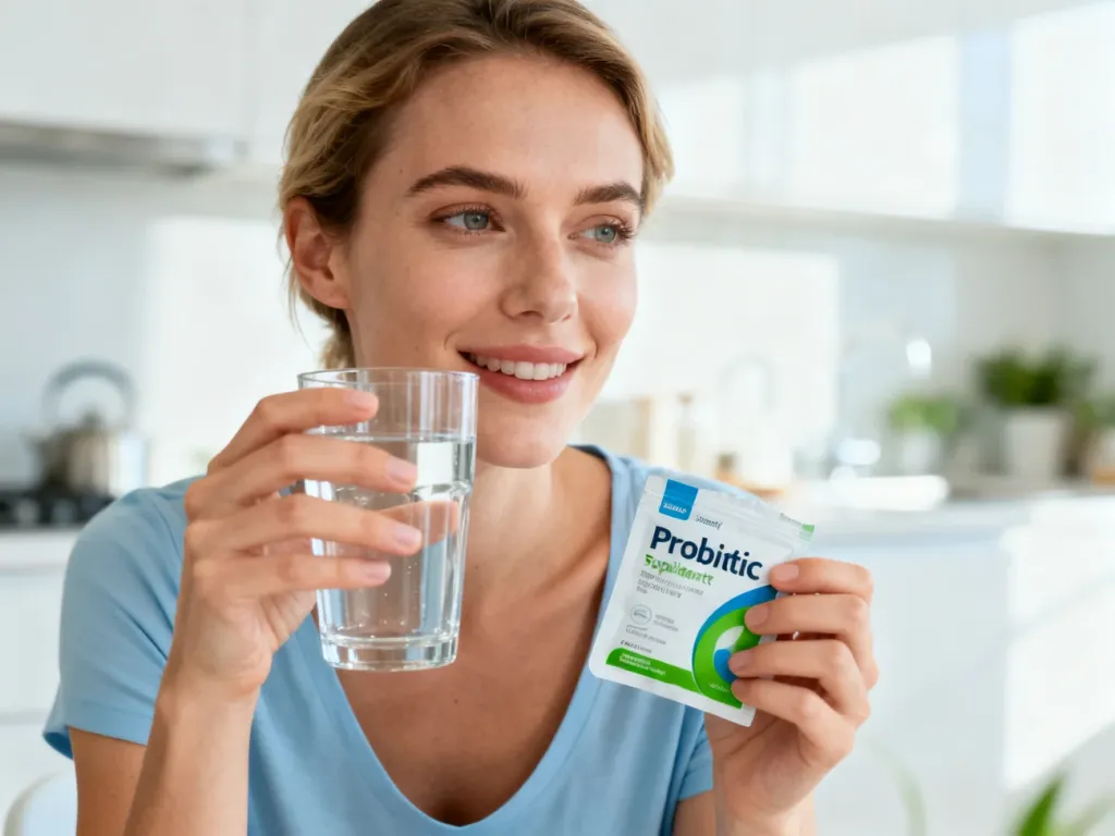 Kobieta w jasnej kuchni trzymająca szklankę wody i opakowanie probiotyku Sanprobi IBS.