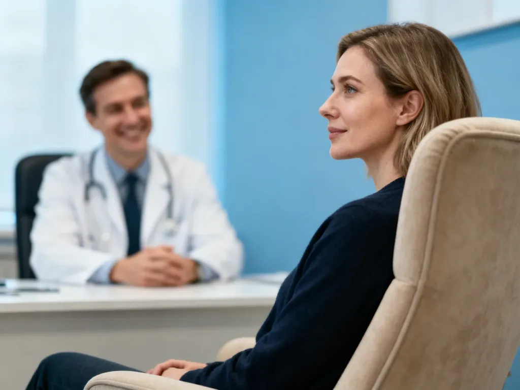 Pacjentka podczas spokojnej rozmowy z lekarzem psychiatrą w nowoczesnym, przyjaznym gabinecie lekarskim.
