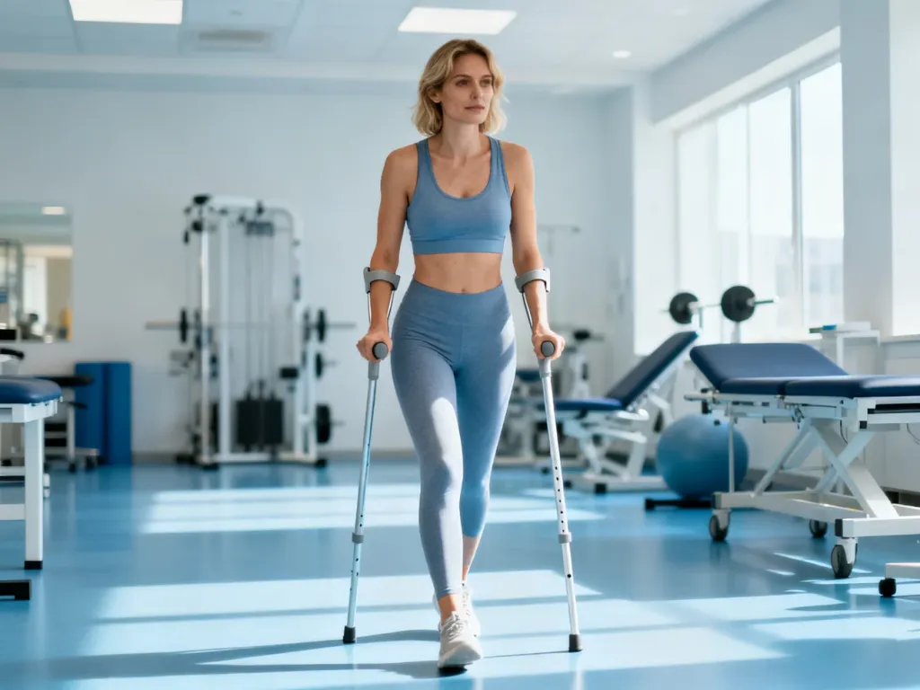 Kobieta w stroju sportowym pewnie stawia kroki przy pomocy laski w nowoczesnym gabinecie fizjoterapii.